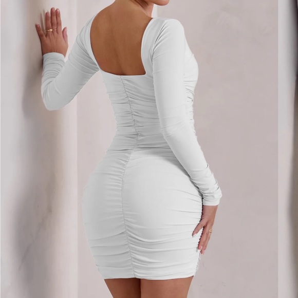 Club London / Club L MUSE 
WHITE LONG SLEEVE SQUARE NECK RUCHED MINI DRESS UK 14 - Picture 2 of 6